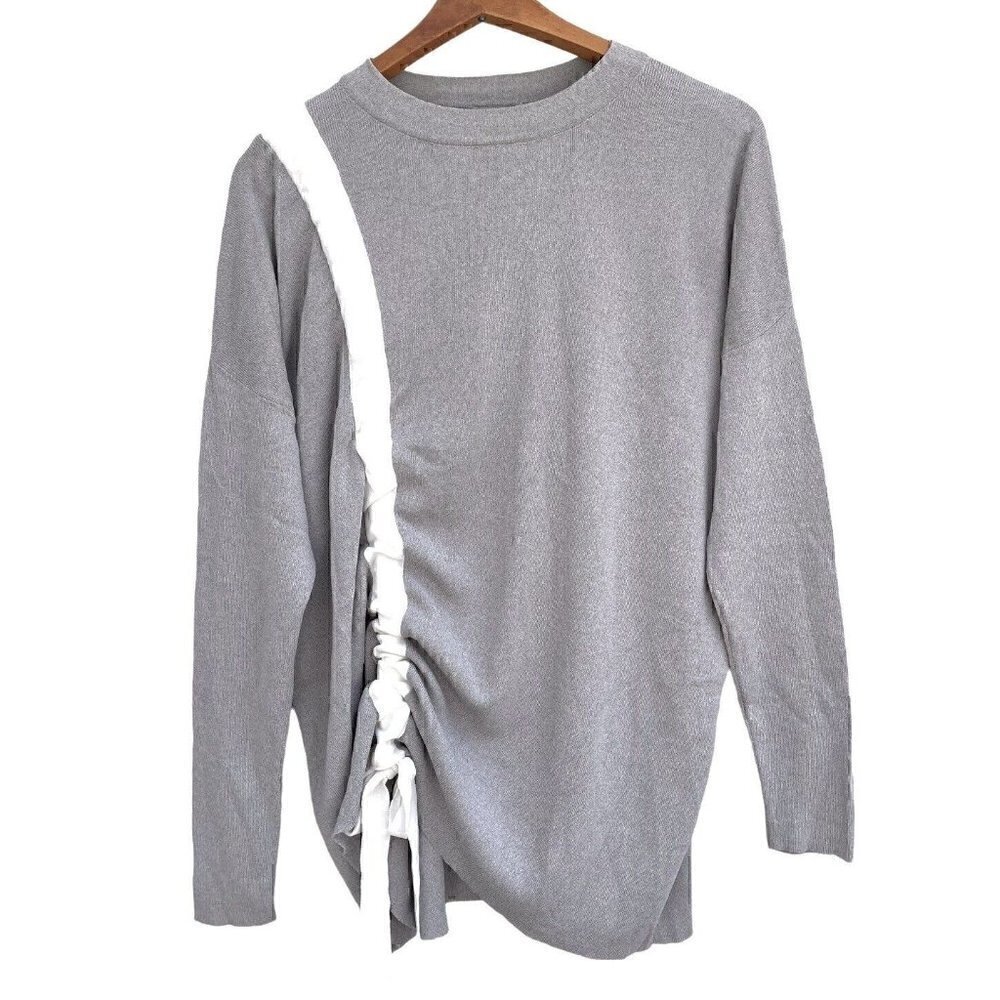 Asos Long Sleeve Pullover With Tie String Ruching Gray & White Women’s 6